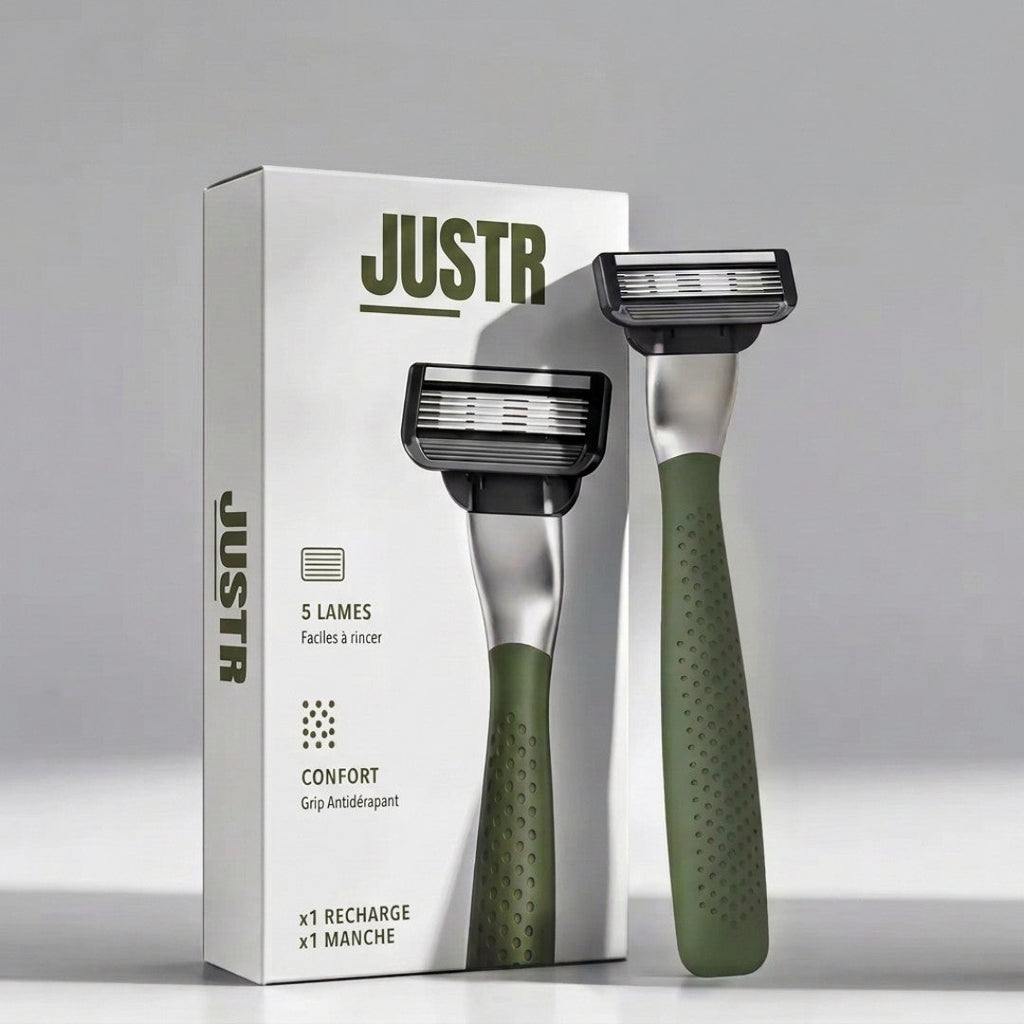 Rasoir JUSTR NÉO vert et son packaging