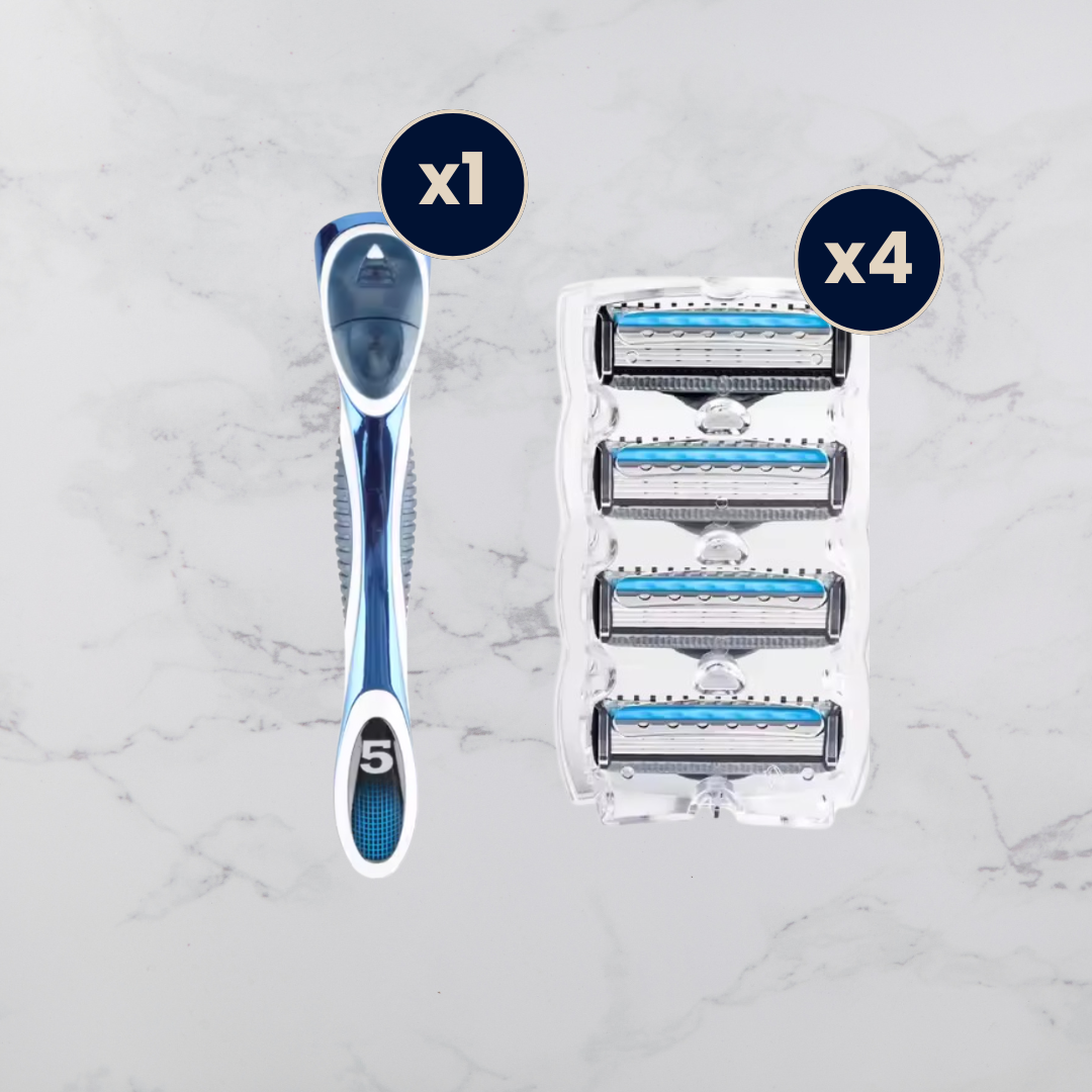 1 Kit de rasage avec 1 rasoir JUSTR et 1 cartouches de 4 rasoirs à 5lames