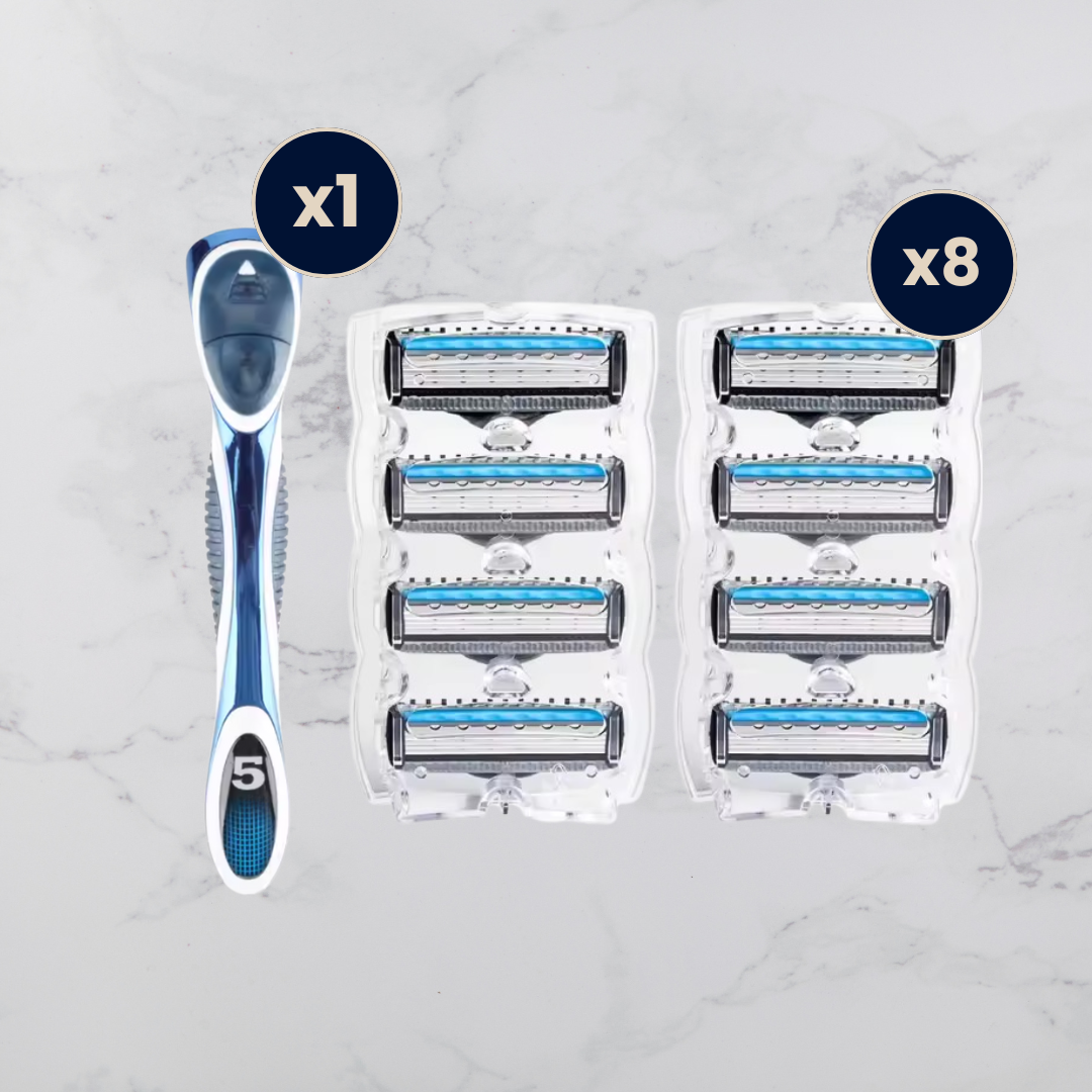1 Kit de rasage avec 1 rasoir JUSTR et 2 cartouches de 4 rasoirs à 5lames