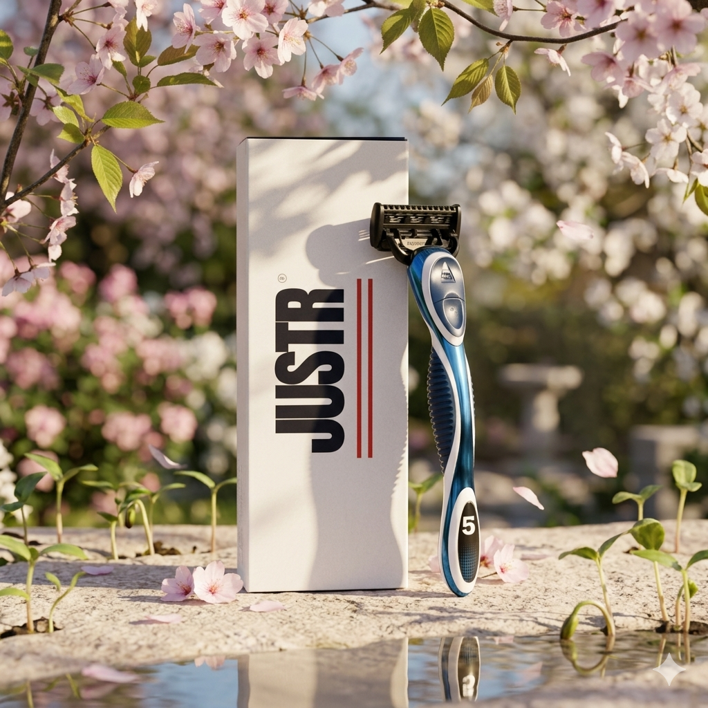 Rasoir JUSTR et son packaging, fond saint-valentin